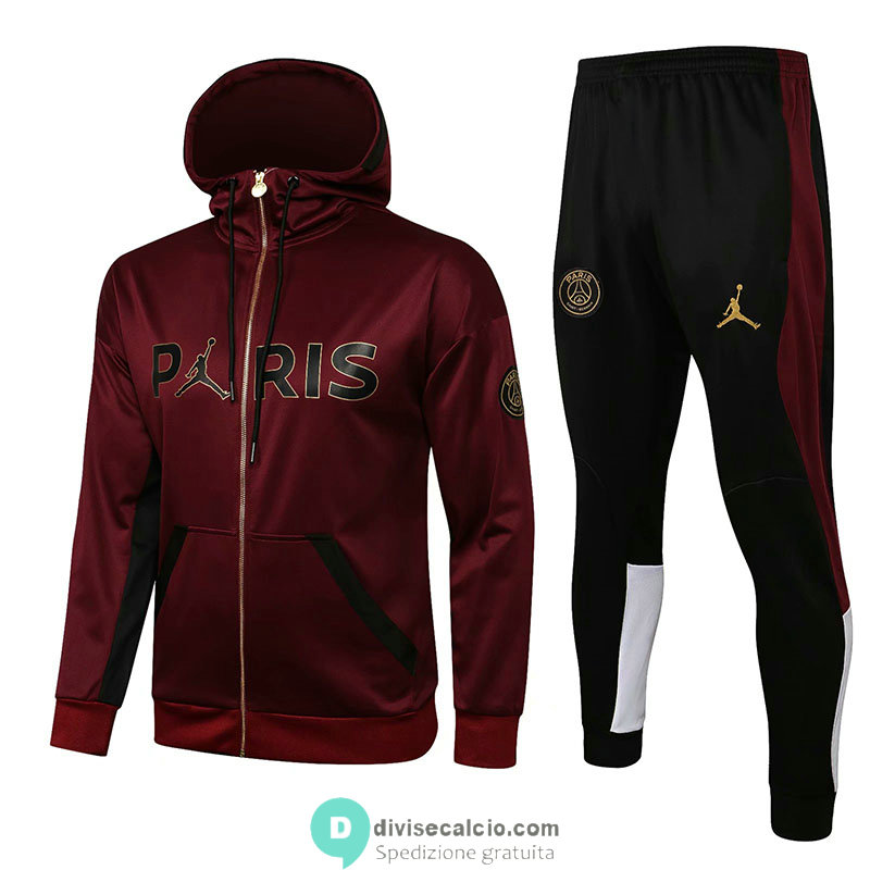 PSG x Jordan Giacca Cappuccio Burgundy + Pantaloni Black 2021/2022